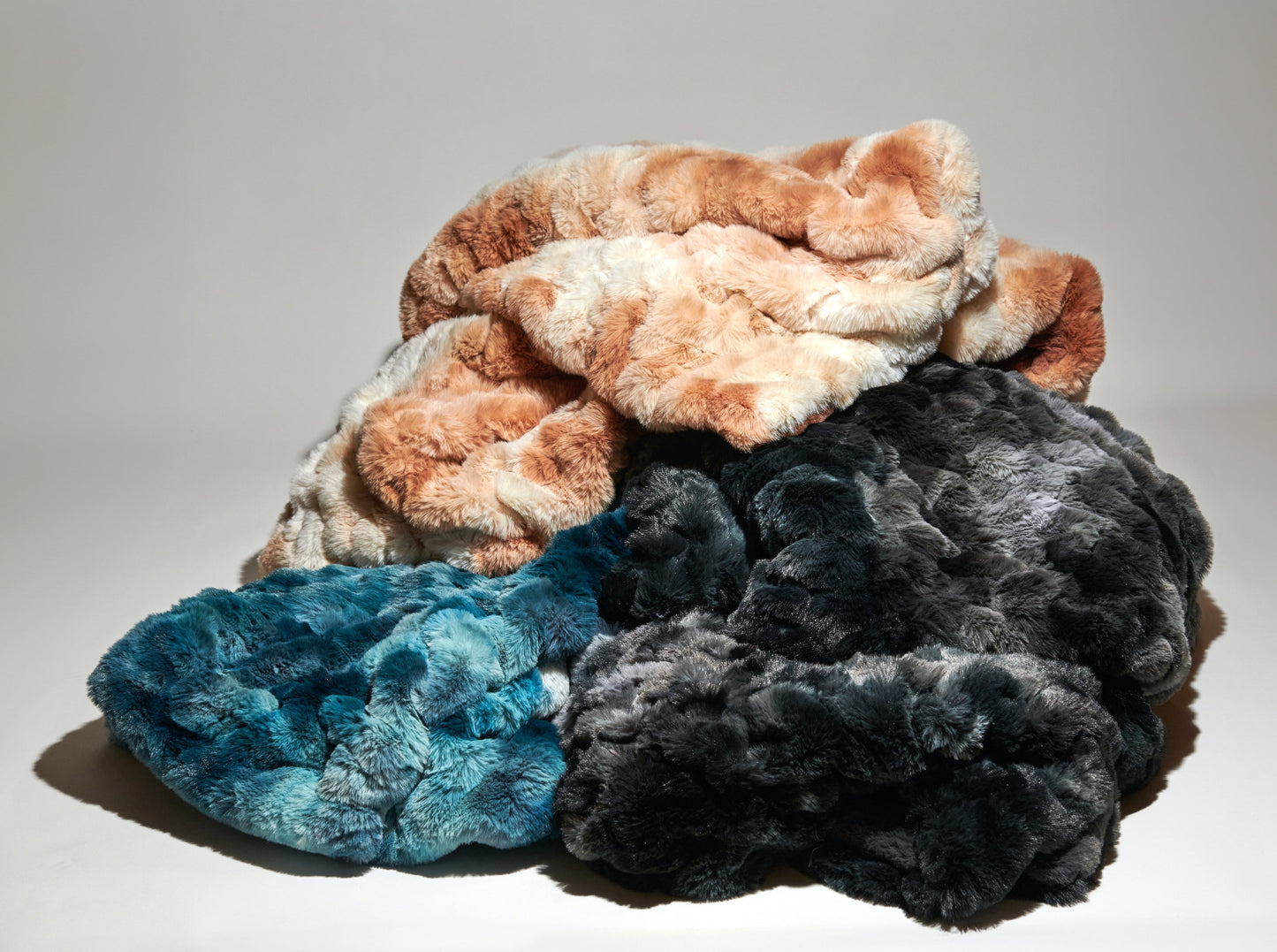 Ruched Sable Faux Fur Throw in Teal Ombre