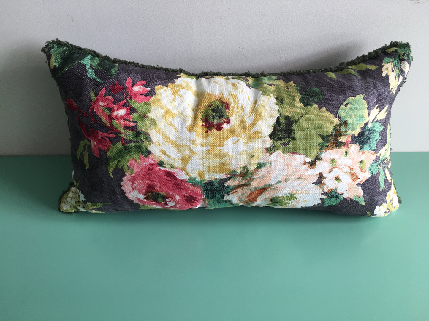 Reversible Green Boucle-Floral Pillow & Insert