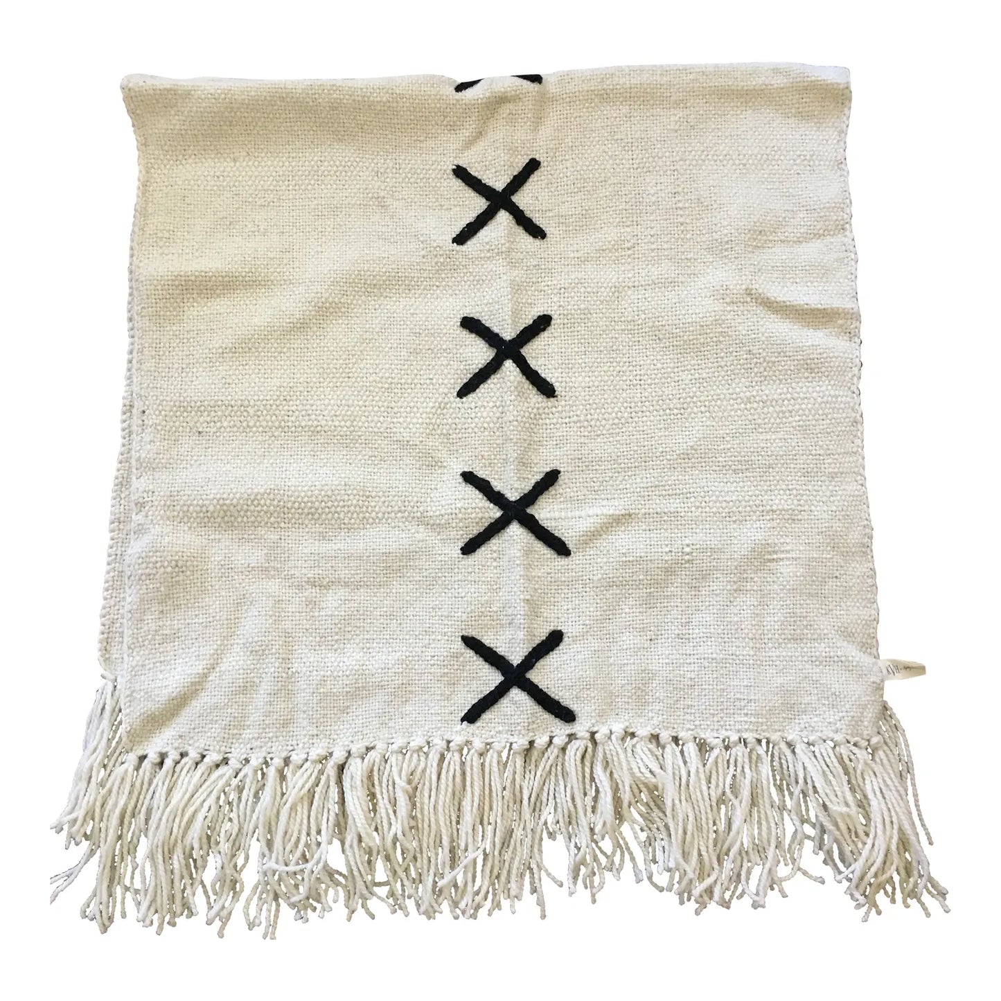 Bespoke "Rio X" Sheep's Wool Throw With Tassels (Cream/Obsidian)