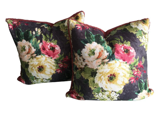 Reversible Rose Boucle-Floral Pillows & Inserts (Pair)