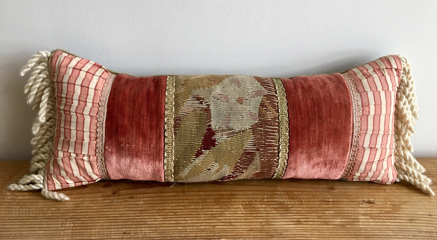 Velvet and Silk Bolster Pillow with Antique Abusson Tapestry Panel & Silk Corded Tassels