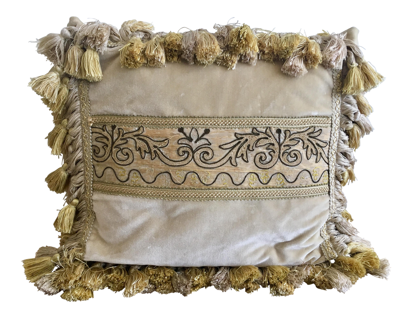 Vintage Velvet Pillow With Antique Vestment Panel & Silk Tassels